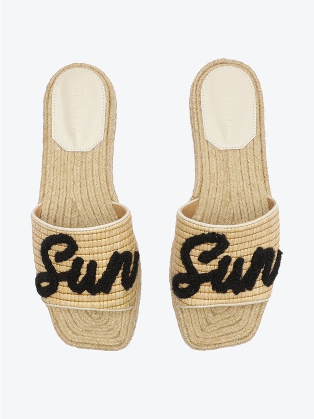 SCHUTZ Natural Raffia Slide Mules with Black Script
